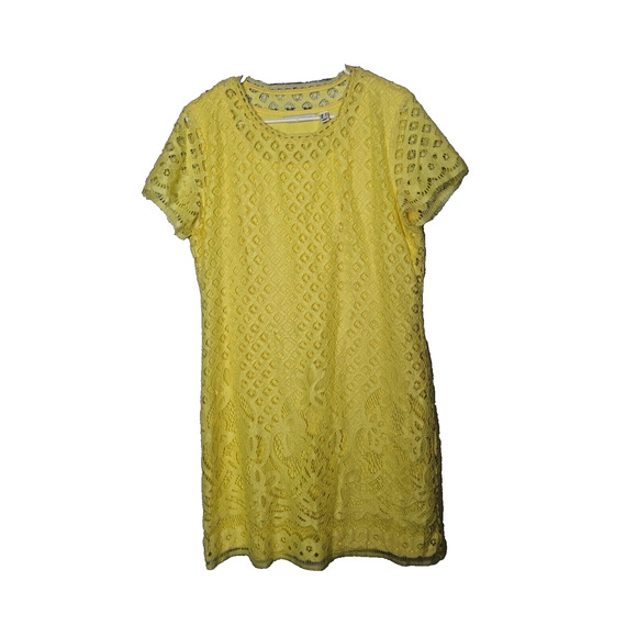 Isaac Mizrahi Live Yellow Eyelet Lace Short Sleeve Shift Dress Womans SZ Medium - Picture 1 of 6